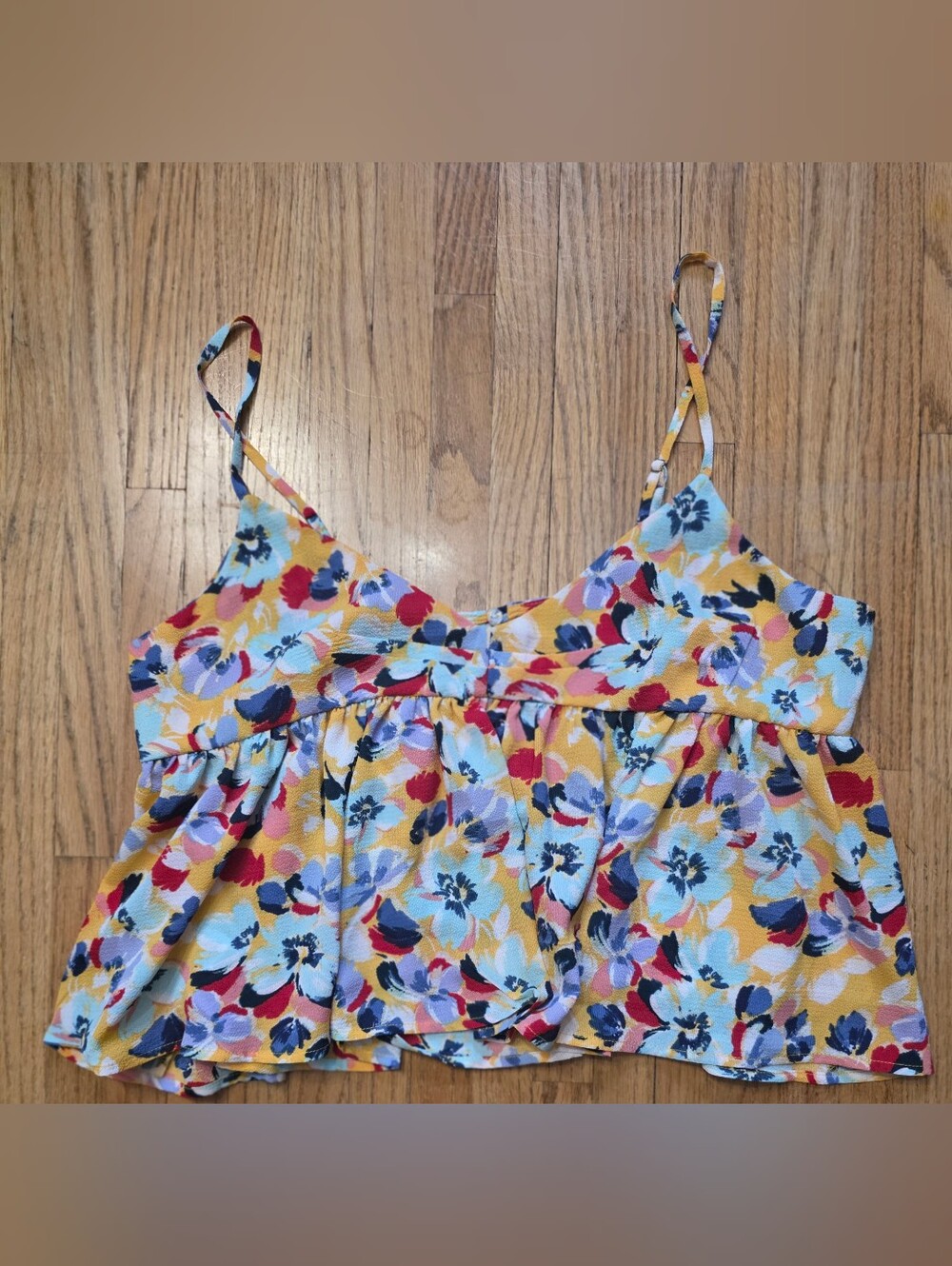 BCBGeneration Yellow Floral Spaghetti Strap Peplum Camisole